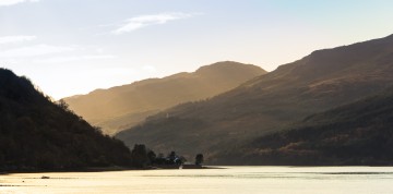 A close-up of the layers caused by evening light and fog inbetween the hills, looking south-west on Loch Long.